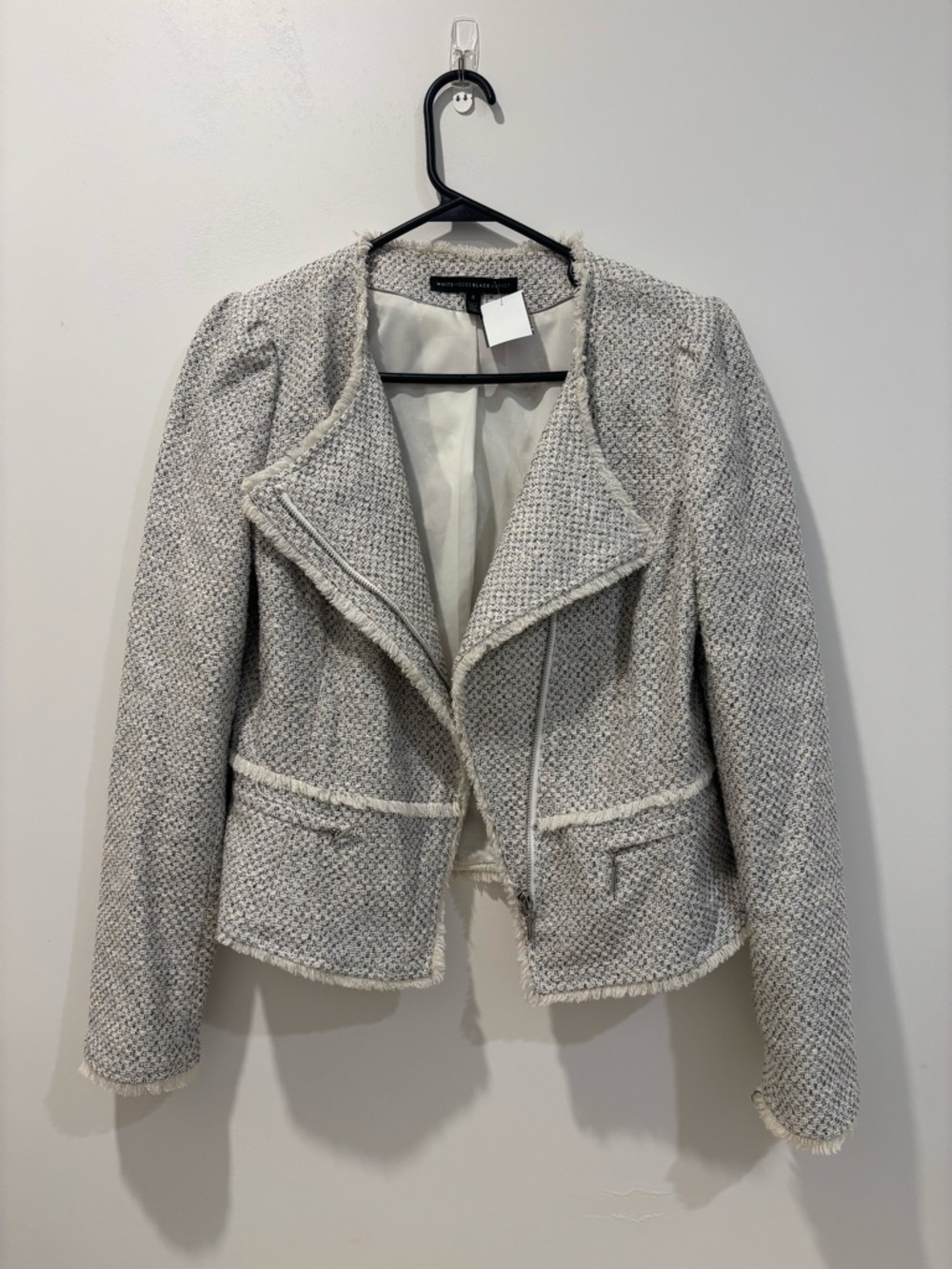 White House Black Market- Textured Cream Tweed Zip-Front Blazer Jacket